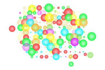 Abstract colorful bubbles isolated on white background. Scattered multicolor different size glowing circles. Festive rainbow of soap balls. Overlapping multicolor bubbles. Stock vector illustration