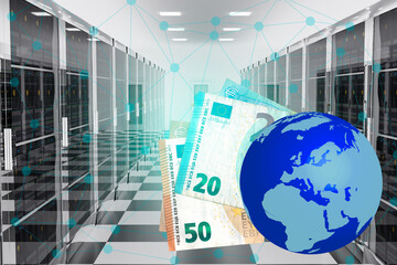 A modern data center with high-performance computers combined with money and the globe as a concept for globalization and the development of digital technologies. 3d rendering