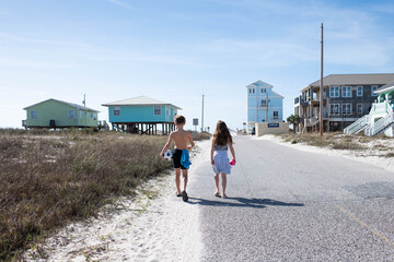 Kids walking to the beach.