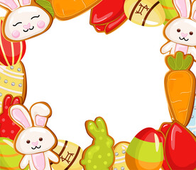 Easter banner holiday day, with easter eggs and gingerbread cookies on white background, concept.