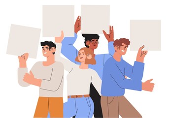 Collection of smiling young men and women holding clean placards. Joyful male and female characters demonstrating empty banners signs. Business or company employees or successful team stand together.
