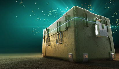 army box with loot boxes and glow inside. text box. 3d rendering