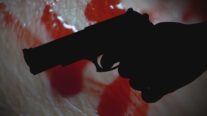 Pistol silhouette against bloody background crime concept
