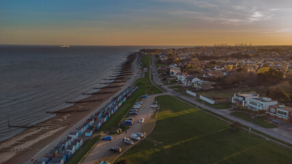 Obraz premium A drone view of the sunset over Old Felixstowe in Suffolk, UK