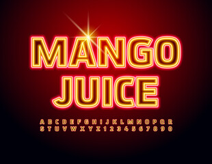 Vector bright sign Mango Juice. Electric light Font Neon Alphabet Letters and Numbers set