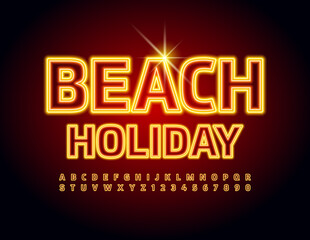Fototapeta premium Vector bright sign Beach Holiday. Glowing light Font. Golden Neon Alphabet Letters and Numbers set