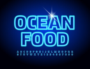 Vector modern banner Ocean Food. Blue glowing Font. Set of Neon Alphabet Letters and Numbers