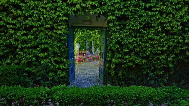 Very spring scene in Andalusia with flowers, typical courtyards of Cordoba, water fountains, lots of sunshine, very nice and cheerful scene, recorded in slow motion at 60 fps and 4K.
