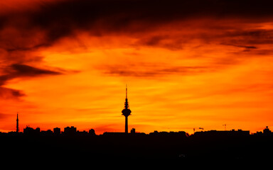 panoramic of the skyline of the city of Madrid at sunset