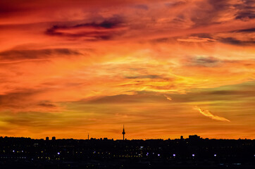 panoramic of the skyline of the city of Madrid at sunset