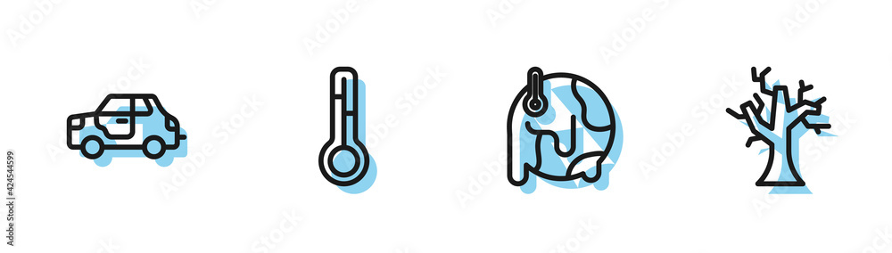 Sticker Set line Global warming, Car, Meteorology thermometer and Withered tree icon. Vector