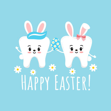 Easter cute smile teeth with bunny ears on dentist greeting card.  White easter holiday tooth emoji in rabbit ears costume and flowers. Flat design cartoon style vector illustration. 