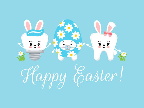 Easter cute smile teeth with bunny ears and egg on dentist greeting card.  White easter holiday tooth emoji in rabbit ears costume. Flat design cartoon style kids vector illustration. 