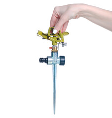 lawn sprinkler in hand on white background isolation