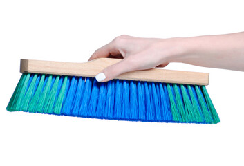 Wooden cleaning brush in hand on white background isolation