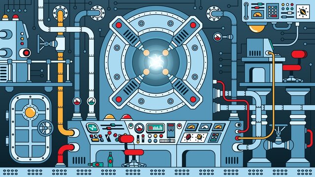 Steampunk machine - fantastic nuclear reactor. Energy device control room in physical laboratory. Time Machine. Sci-fi apparatus. Vector illustration.