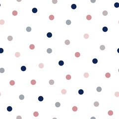 Polka dot seamless vector pattern. Navy blue, pink, grey and beige points, confetti on white background for cute holiday design, kid and fashion textile, package, scrapbooking, wrapping paper, card