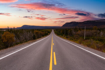 Scenic highway during a vibrant sunny day in the fall season. Dramatic Sunset Sky Art Render. Taken in Newfoundland, Canada.