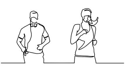Continuous line drawing of running athlete woman and man wearing face mask. Sportswoman wearing protective face mask while running outdoors during COVID-19 epidemic. People jogging.