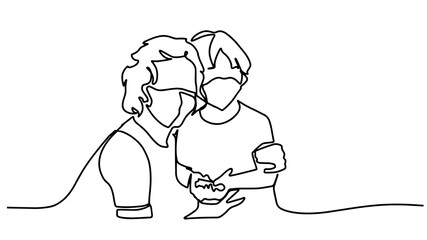 Mom and daughter in protective masks. One line drawing vector illustration. Mother and child wear facemask during coronavirus and flu outbreak. Virus and illness protection, hand sanitizer in public