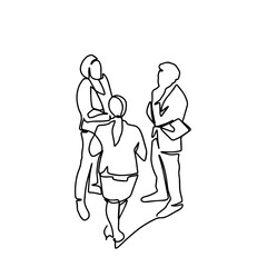 continuous line drawing of three employees talking about work. Continuous line drawing of group of people standing talking about work. Concept of business talk.