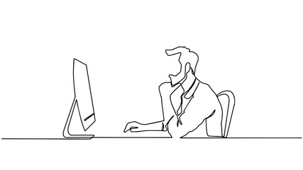 Continuous line drawing of business man sits in the office and thinks while working with his laptop on a white background.. Business man looking at computer monitor during working day in office.