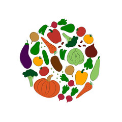 Fresh colorful vegetables arranged in circle. Cartoon vegetables with black contours