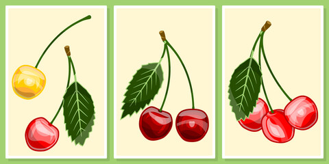 cherries wall art vector set.  Wall art, poster, wallpaper, print. 