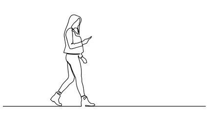 continuous line drawing of walking business woman speaking on mobile phone. Continuous one line woman walk with hands behind her back. Vector stock illustration.