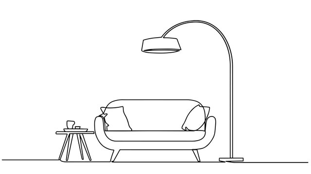 Continuous single drawn single line sofa with floor lamp lampshade hand-drawn picture silhouette. Line art. doodle. Continuous one line drawing the interior of the living room in the house.