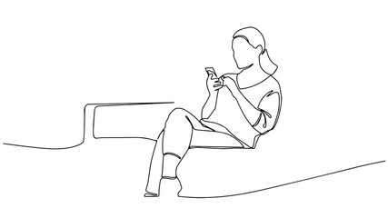 continuous line drawing of woman holding and staring at mobile phone sitting on the couch vector illustration. Continuous one line drawing. woman holding smartphone. Linear style drawing.