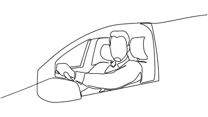 one line continuous painted man driving a car drawn by hand silhouette picture. Line art. illustration of a man driving a car. Concept of Safety on the road.