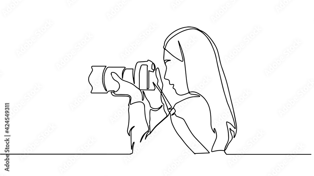 Wall mural a girl taking photo with her camera. one line continuous. vector illustration. photographer with a c