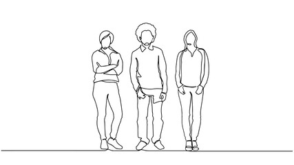 Continuous line drawing of diverse group of standing people. continuous line drawing of a diverse crowd of standing people Group of people continuous one line vector drawing. Family, friends.