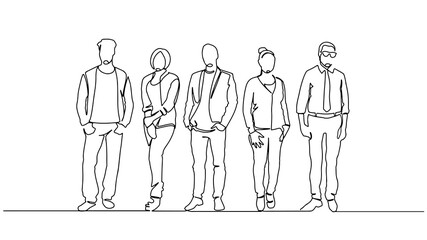 Continuous line drawing of diverse group of standing people. continuous line drawing of a diverse crowd of standing people Group of people continuous one line vector drawing. Family, friends.
