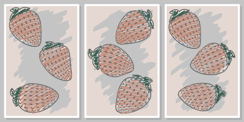 hand drawn strawberry wall art vector set.  Wall art, poster, wallpaper, print. 
