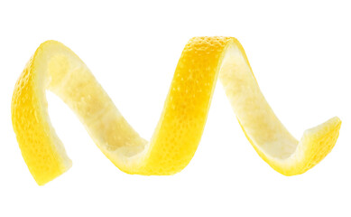Ripe lemon twist isolated on a white background. Lemon peel curl.