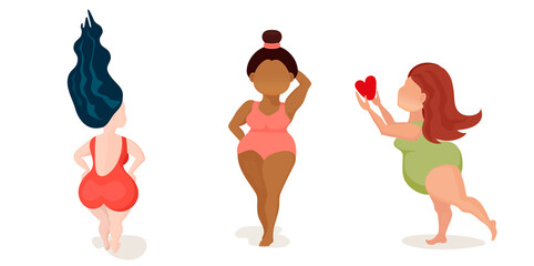 Body-positive. Women in swimsuits on white background. Body health care. Body positive, self-love, self-care.