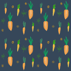 Seamless pattern drawing carrots on a dark background.