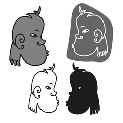Vector isolated black and white illustration set of stylized designs of black person faces