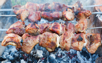 Juicy meat on skewers is cooked on charcoal in nature. Kebab of meat is fried on the grill in smoke. Kebab of meat is fried on the grill in smoke