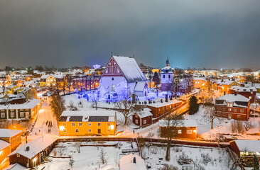 Aerial view of Old Porvoo in the winter evening with Christmas decoration, Finland. Porvoo is one...