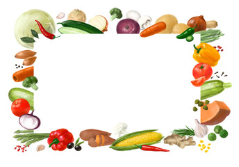 Nutrition concept for Vegan food. Healthy products. Assortment of healthy nutrition. Decorative horizontal frame. Template for design.