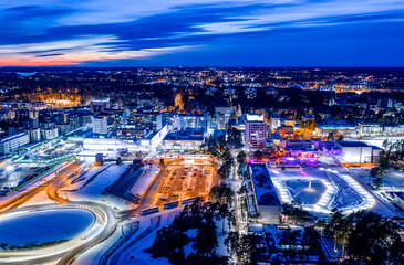 Fototapeta na wymiar Aerial view of Tapiola neighborhood of Espoo, Finland. Modern nordic architecture. Winter cityscape.