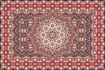Vintage Arabic pattern. Persian colored carpet. Rich ornament for fabric design, handmade, interior decoration, textiles. Red background. - 424555300