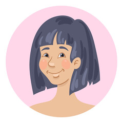 Avatar icon of a beautiful young happy Asian girl. In cartoon style. Isolated on white background. Vector flat illustration