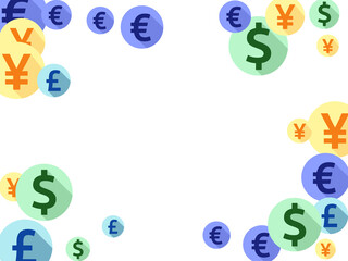 Obraz premium Euro dollar pound yen round icons scatter currency vector illustration. Jackpot backdrop. Currency