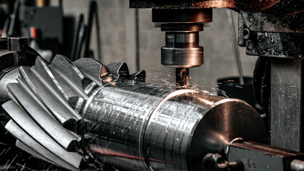 Industry lathe machine milling cutter gear precision work - obrazy, fototapety, plakaty
