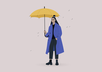 A young female Asian character wearing an oversize coat and holding a yellow umbrella, a rainy weather concept