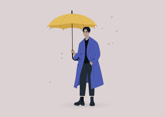 A young male Asian character wearing an oversize coat and holding a yellow umbrella, a rainy weather concept